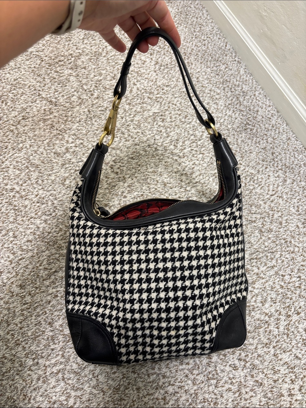 Vintage Coach houndstooth wool leather shoulder bag